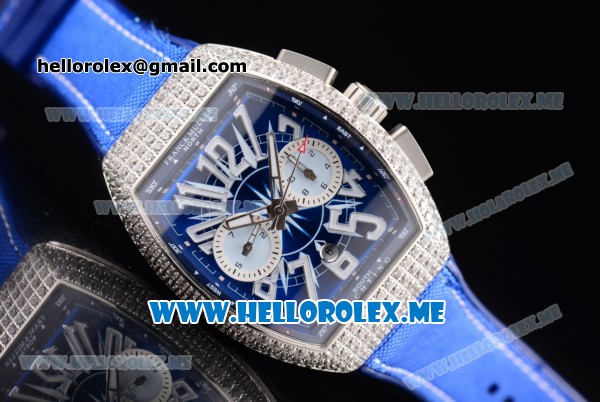 Franck Muller Vanguard Miyota OS20 Quartz Steel Case with Blue Dial Blue Leather Strap Arabic Numeral Markers and Diamonds Bezel - Click Image to Close